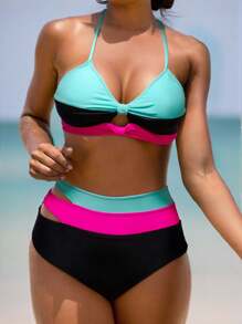 SHEIN Swim Women's Summer Beach Color Block Push Up Twist Knot Bikini Set, 2pcs 2 Pieces Bathing Suit