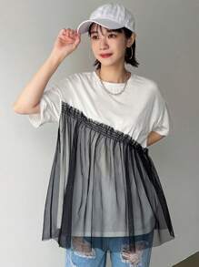 FRIFUL Women's Solid Color Simple Daily Wear Mesh Short Sleeve T-Shirt,Ruffle