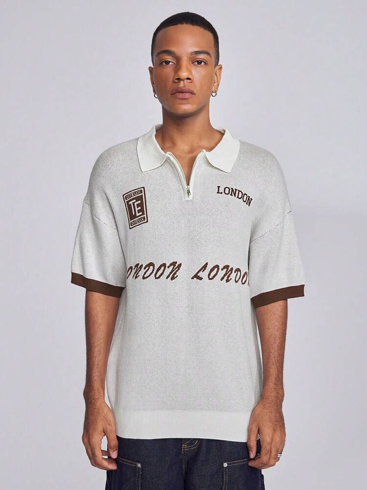 Men's Summer Color Block Collar Short Sleeve Casual Loose Knitted Tops With Letter Detail