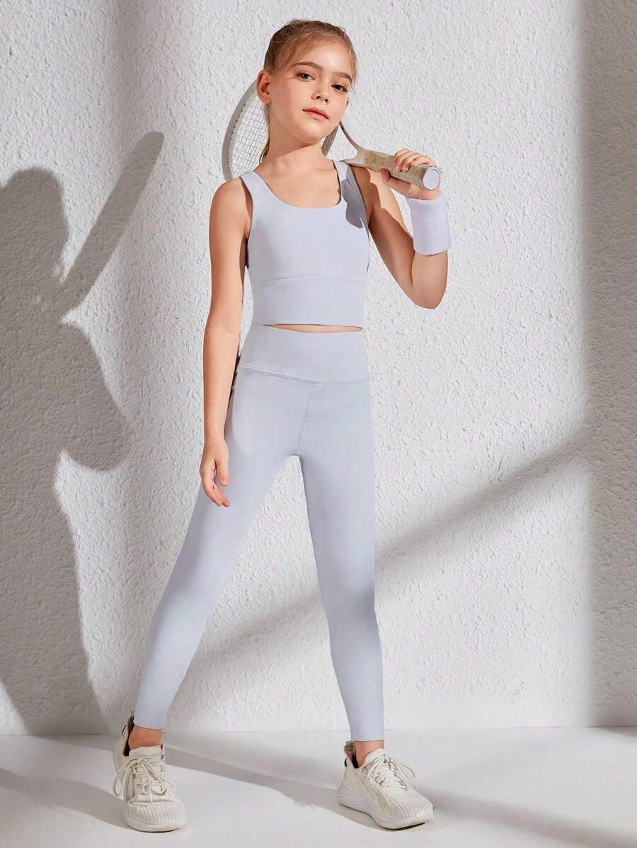 SHEIN 青少女運動胸圍和緊身褲組合，適合瑜伽，有彈性，舒適，透氣，吸濕排汗，時尚簡約，適合訓練、跑步和騎行 - 淺藍色 - 查看 1