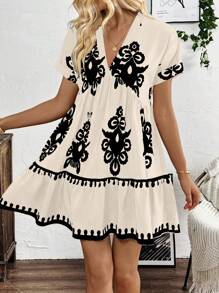 SHEIN LUNE V-Neck All-Over Print Short Sleeve Summer Dress - Apricot - View 6