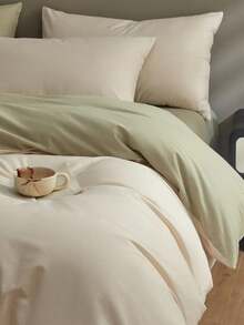 3pcs & Green Dorm Bedroom Bedding Set, Including 1pc Duvet Cover & 2pcs Pillowcases, Super Soft Machine Washable, Back To School Bedding - Creamy White - View 2