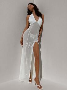 Aloruh Tief ausgeschnittenes V-Ausschnitt Halter-Mesh-Kleid für Damen mit 3D-Blumendesign und hohem Schlitz