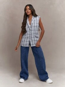 MISSGUIDED Tweed Single Breasted Sleeveless Jacket Office Wear - Blue and White - View 4