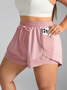 SHEIN Sports Quần short thể thao lưới chắp vá màu trơn cỡ lớn mùa hè thường ngày - Bụi hồng - Xem 5