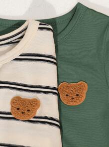 SHEIN 4入組夏季韓式休閒可愛卡通圖案條紋短袖T恤，工作服口袋松緊腰短褲適用於男女嬰兒 - 軍綠色 - 查看 7