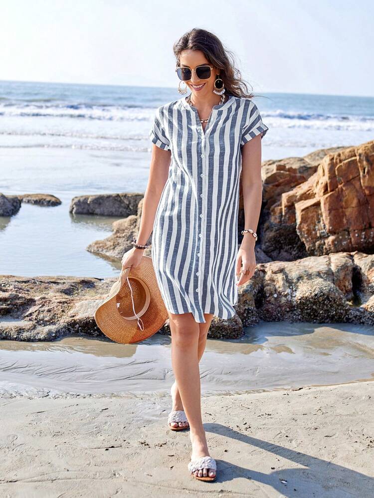 Summer Countryside Casual Short Sleeve V-Neck Knee-Length Striped Button-Up Dress Button Down Dressshirt Dressesshirt Dresses For Ladies,Vacation,Beach Outfit For Women