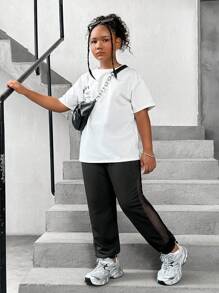 SHEIN Tween Girls Extended Size Mesh Panel Capri Leggings For Plump Girls