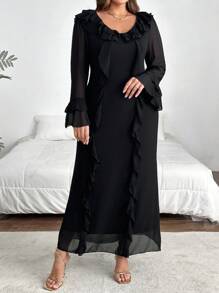 SHEIN Privé Elegant And Delicate Plus Size Black V-Neck Chiffon Dress With Ruffled Edges For Women - Black - View 3