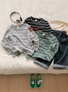 SHEIN Genkimix Kids 3pcs/Set Young Boy Striped T-Shirt, Autumn/Winter Base Layer