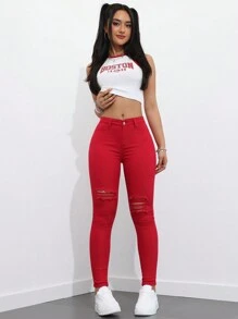 SHEIN ICON Women's Ripped Edges Skinny Jeans With Frayed Hem Skinny Cropped Red Cotton Curvy Skinny Women Jeans,Spring/Fall,Casual Daily Wear Y2k - Red - View 6