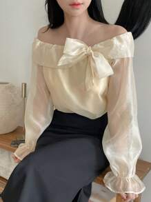 DAZY Áo sơ mi ngày lễ tay áo trễ vai dành cho nữ - Màu be - Xem 5