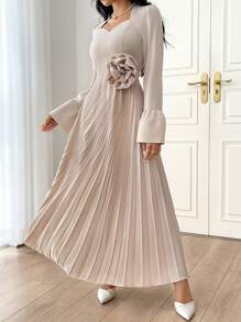 Modelyn 女士纯色简约日常穿着朴素连衣裙，带 3D 花朵装饰，派对优雅晚装长袖超长连衣裙长款晚礼服 - 米色 - 查看 1