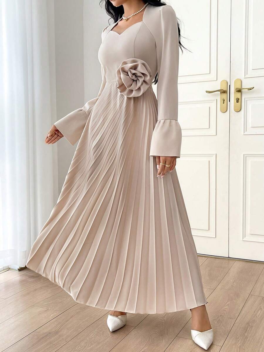 Modelyn 女士纯色简约日常穿着朴素连衣裙，带 3D 花朵装饰，派对优雅晚装长袖超长连衣裙长款晚礼服 - 米色 - 查看 1