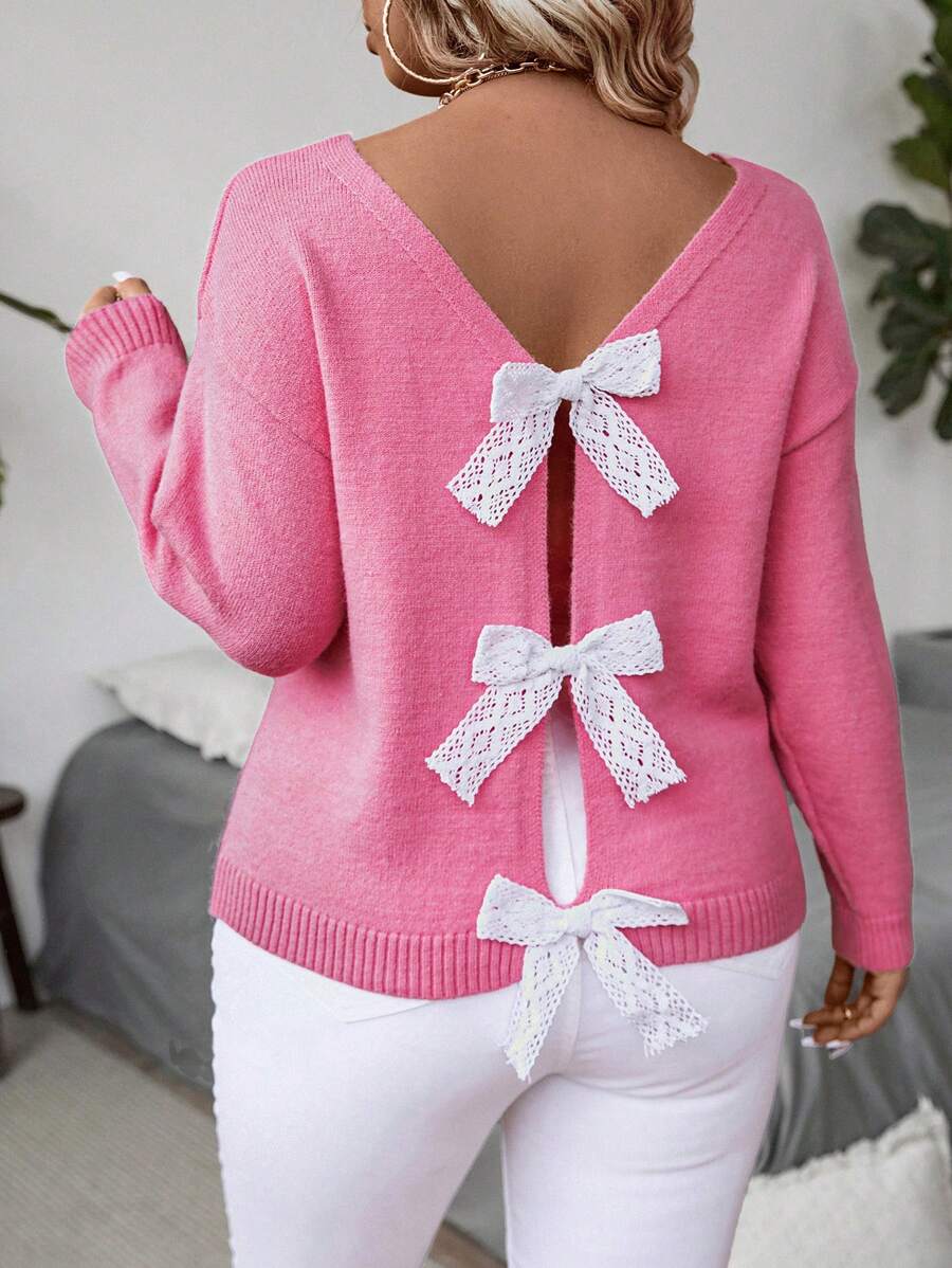 Plus Size Women Butterfly Decor Simple Pullover Sweater - Pink - View 1