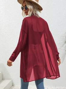 SHEIN LUNE 女士簡約純色長袖日常穿著襯衫 - 酒紅色 - 查看 2