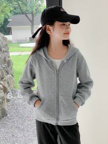 SHEIN Tween Girl Solid Color Front Zip Pocket Hooded Sweatshirt, Daily Casual Wear