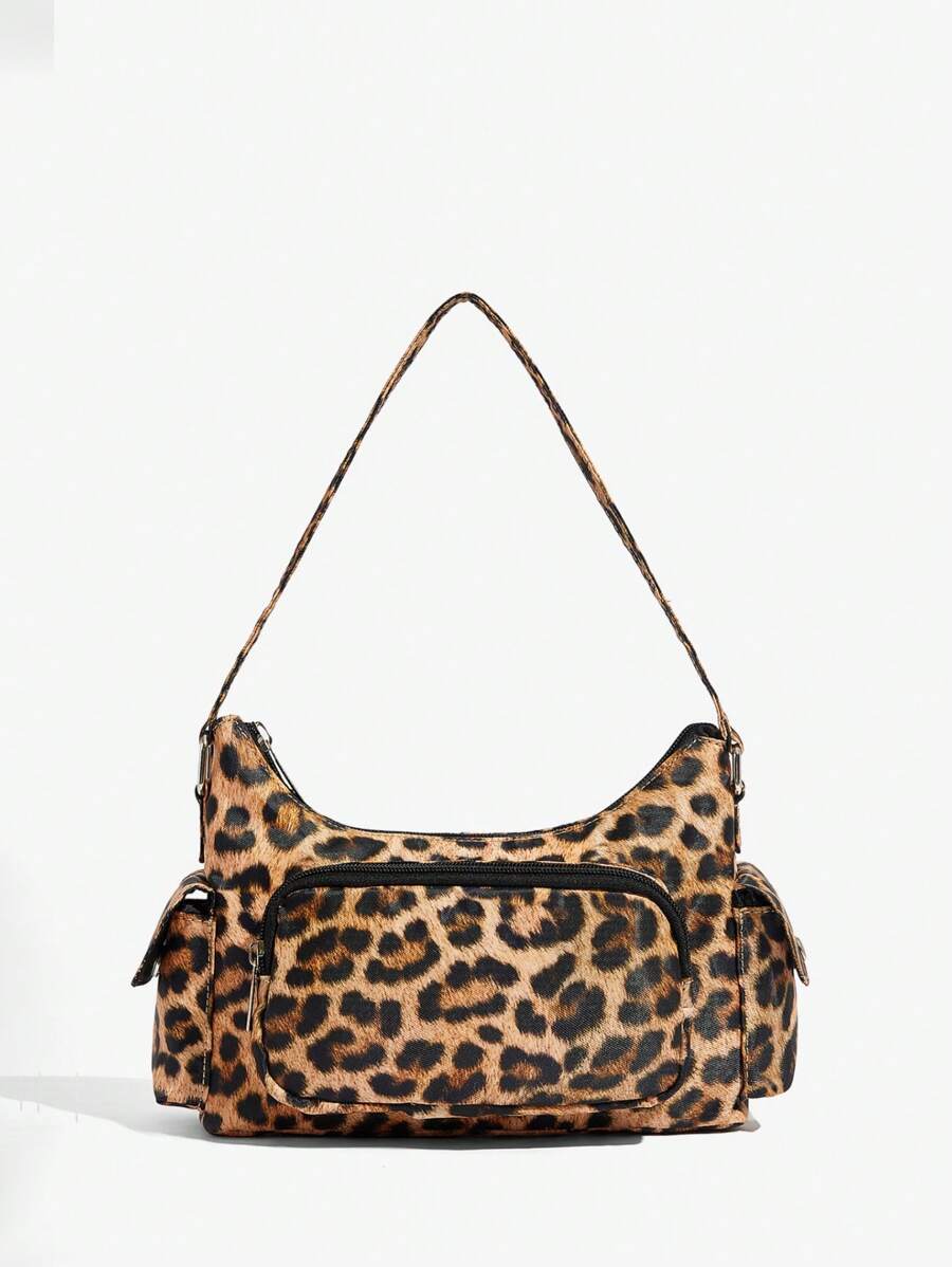 SHEIN ICON Damen Umhängetasche, Hobo Tasche, modisch, personalisiert, schlicht, vielseitig, Straßen, süß und cool Mädchen, heiße Mädchen, Y2K, Retro, Leopardenmuster, Tiermuster, Mehrfachtaschenentwurf