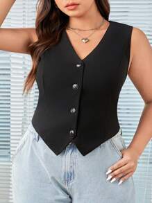 SHEIN CURVE+ Plus Size Women's Black Suit Vest, Elegant And Casual In Fall/Winter - Black - View 3