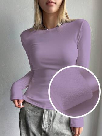 DAZY Solid Boat Neck Thermal Tee Long Sleeve Women Tops,Fleece Lined Fall,Winter