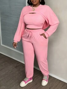 Slaydiva Bộ đồ vest không tay cơ bản thường ngày cỡ lớn, quần dài và áo len cardigan ngắn màu hồng, đầu thu/đông, có chân - Màu Hồng baby - Xem 5