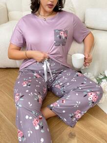 Bộ đồ ngủ tay ngắn in hoa cỡ lớn và quần dài cổ tròn, trang phục - Màu tím - Xem 6
