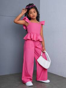 SHEIN Bộ Áo Sơ Mi Tay Có Mũ Màu Hồng Thanh Lịch Hàng Ngày Và Quần Dài Cho Bé Gái Tuổi Teen - Màu Hồng Tươi - Xem 3