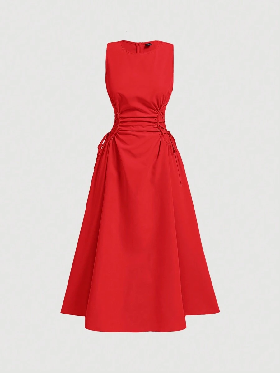 SHEIN MOD 红色约会之夜侧交叉系带纯色褶皱连衣裙、早午餐、生日 - 紅色 - 查看 1