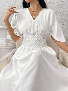 Modelyn Vestidos largos de noche unicolor y cuello en V sencillo para uso diario de damas - Blanco - Ver 1