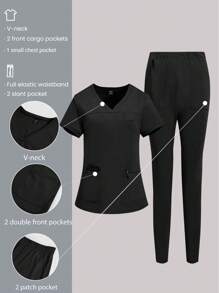 TaskEZ Plus Size Solid Color Simple Daily Short Sleeve Shirt And Pants Uniform Scrub Set - Black - View 1