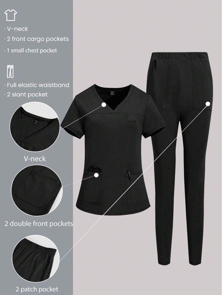 TaskEZ Plus Size Solid Color Simple Daily Short Sleeve Shirt And Pants Uniform Scrub Set - Black - View 1
