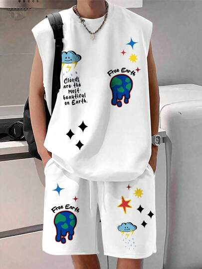 Claim Dot Men's Colorful Random Printed Sleeveless Tank Top And Shorts Set, Cozy Outfits