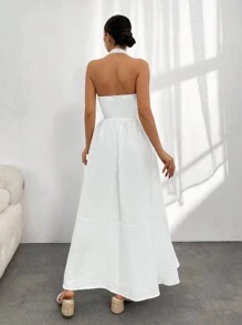 RueChic Women's Plain White Button Front Halter Backless A-Line Dress With Waist Cinched