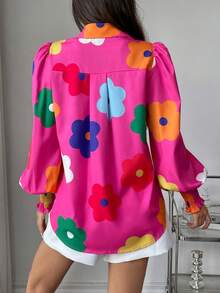 SHEIN LUNE 女士春夏時尚寬鬆燈籠袖花卉印花襯衫 - 玫紅色 - 查看 2