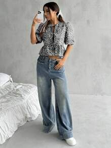 SHEIN EZwear Camisa con estampado de leopardo y lazo en la parte frontal para mujer, para uso casual - Gris - Ver 4