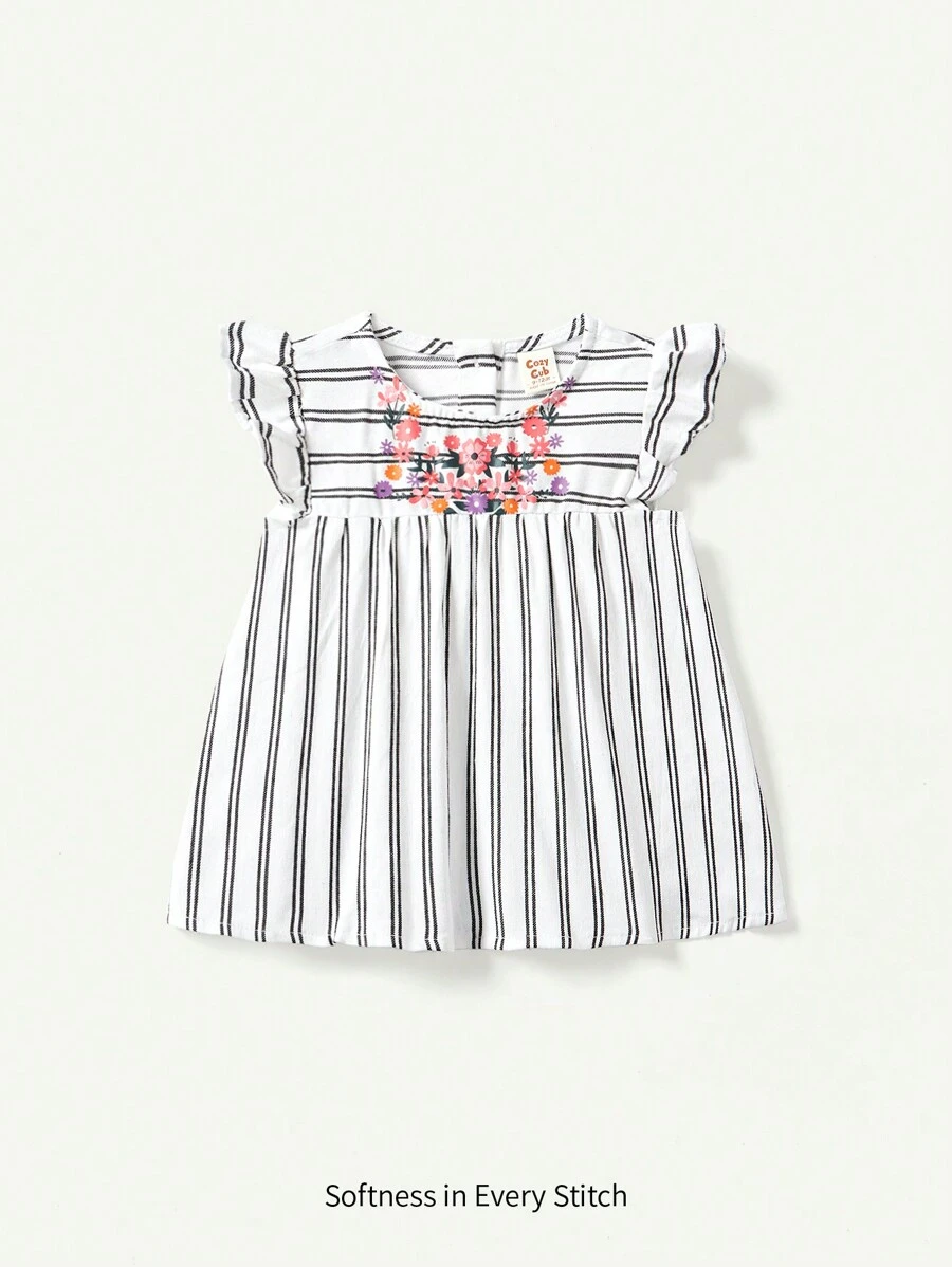 Cozy Pixies Baby Girl Casual Floral Pattern Round Neckline Ruffled Armhole Top - White - View 1