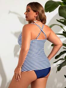 Swim Lushoire Conjunto de tankini con top de rayas impreso y escote en V profundo en talla grande y unicolor, triángulo para verano en la playa