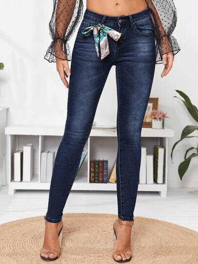 EURMUSE Zip Fly Washed Knot Detail Skinny Jeans Without Scaf
