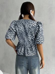 SHEIN EZwear 女式豹紋系帶前短袖襯衫 - 藍色 - 查看 6