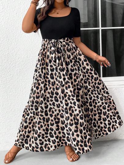 SHEIN Frenchy Plus Size Solid Color Leopard Patchwork Simple Daily Short Sleeve Dress For Women Fall Clothes