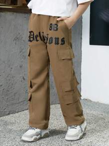 少年男孩簡約字母印花長褲 - 棕色 - 查看 4