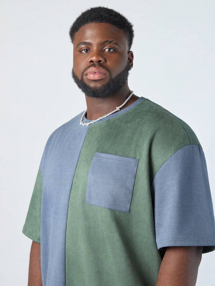 2pcs/Set Plus Size Men's Woven Casual Patchwork Short Sleeve T-Shirt Set