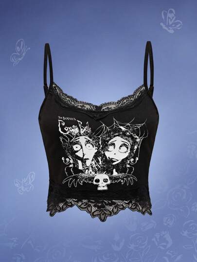 Corpse Bride | ROMWE Gothic Figure Patterned Contrast Lace Slim Fit Crop Camisole Top, School