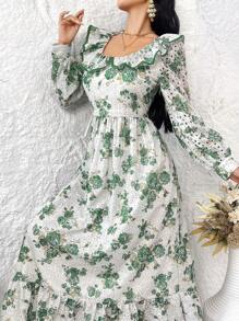 Seusyu 女士隨機印花簡約日常長袖連衣裙 - 綠色 - 查看 1