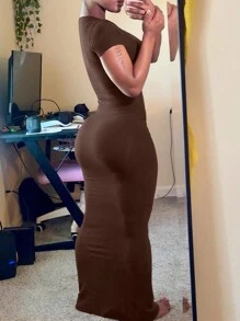 INAWLY 大尺碼純色短袖圓領緊身連身裙，休閒度假款 - 咖啡棕 - 查看 1