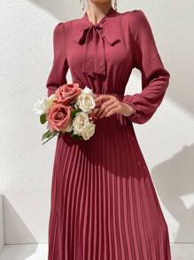 Modelyn Solid Color Arabic Style Pleated Front-Tied Dress For Women - Pink - View 4