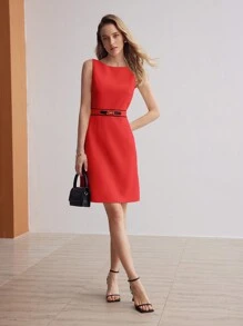 MOTF PREMIUM 鏈條細節對比拼接裙 - 紅色 - 查看 5