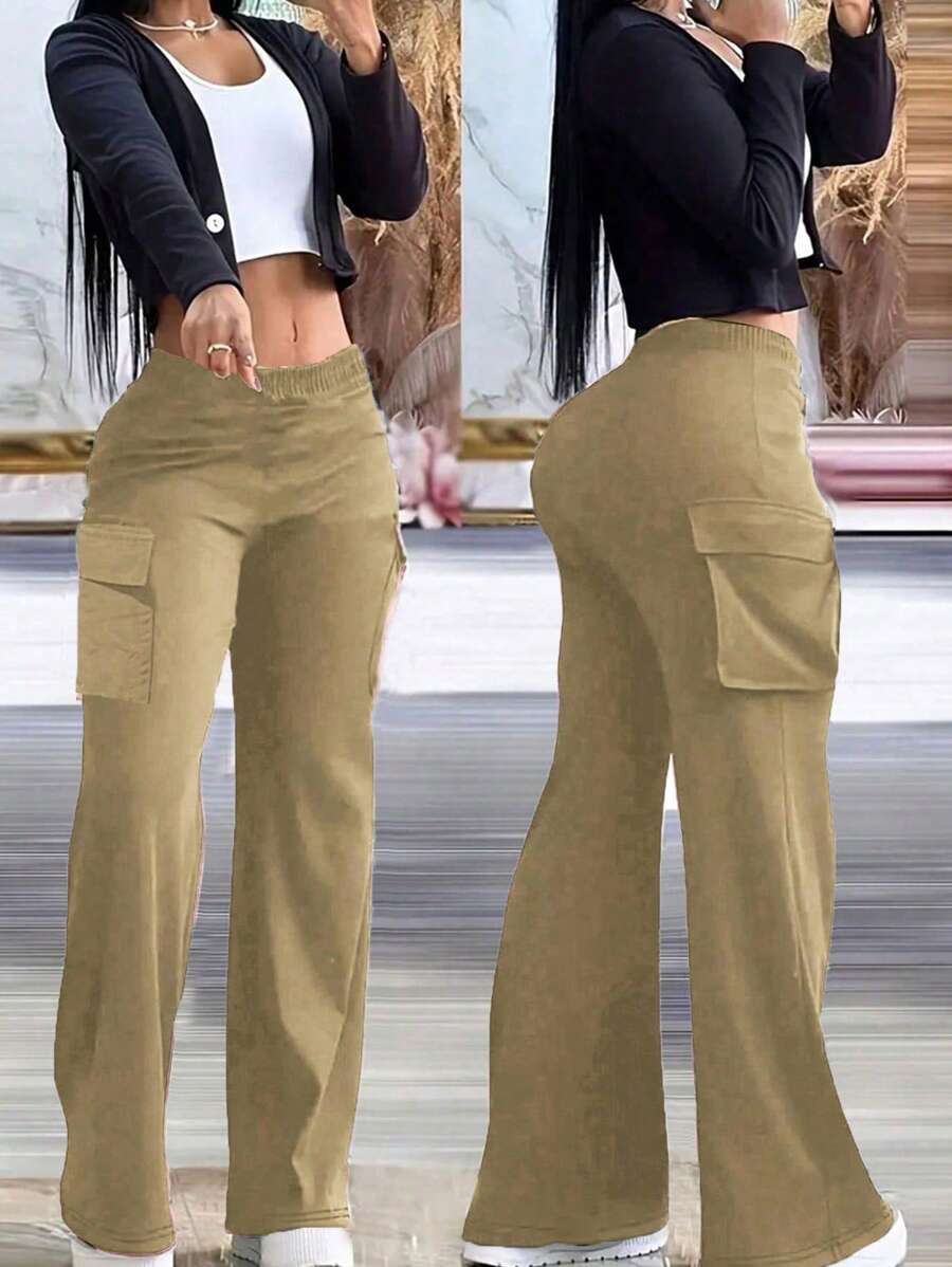 SHEIN Clasi 女士純色休閒口袋裝貨褲 - 卡其色 - 查看 1