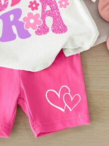 SHEIN In My Toddler Era, 2pcs/Set, Summer, Pink, Baby Girls' Casual And Simple Cute Pink Letter Printed Short Sleeve T-Shirt And Shorts Set, Suitable For Summer - Multicolor - View 4