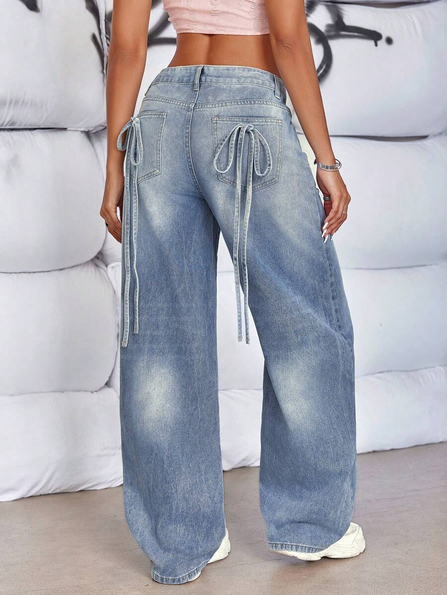 SHEIN ICON Quần jean denim có thắt lưng thắt nơ, đã giặt - Rửa nhẹ - Xem 1